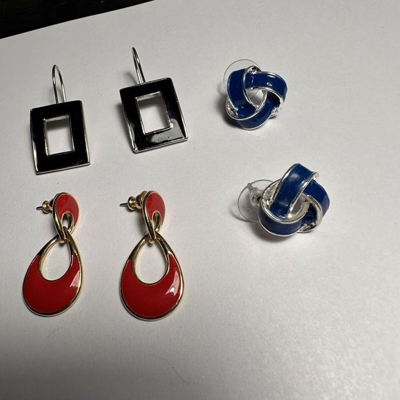 Lot Of 3 Pierced Earrings - Dangle / Stud - Enamel - Black Red Blue - Picture 2 of 8